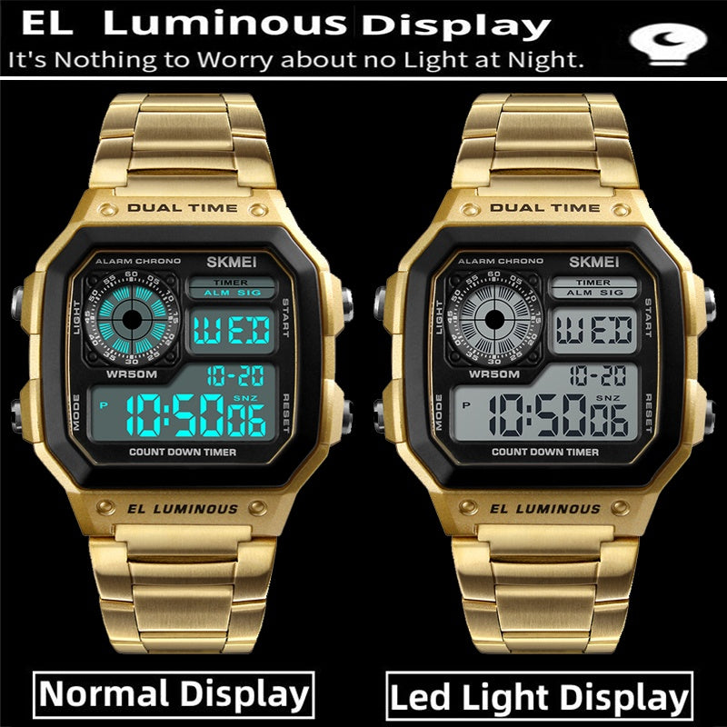 Luxury Stainless Steel Band 50M Waterproof Led Chronograph Stop Watch