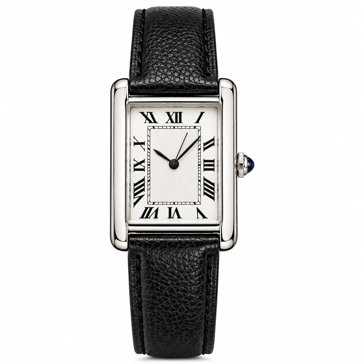 Men’s Classic Rectangular Roman Numeral Watch – Silver Case & Black Leather Strap