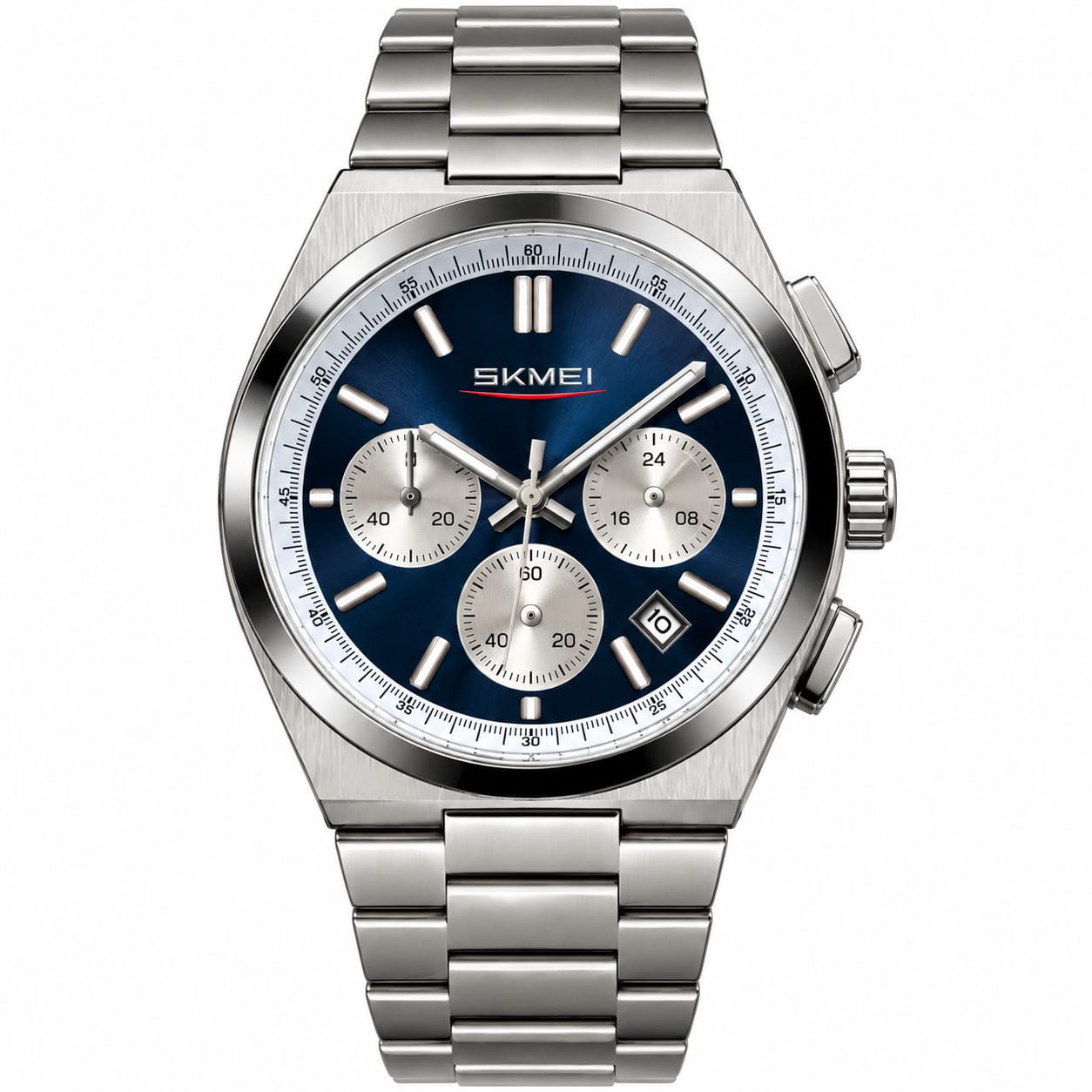 Men's Stainless Steel Chronograph Watch – Blue Dial & Silver Bracelet