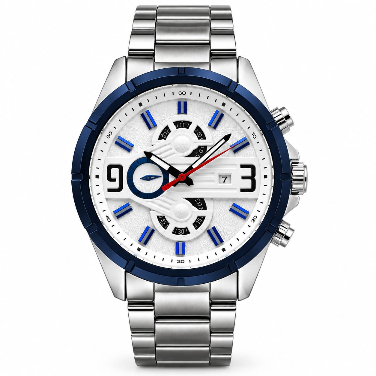 Men’s Luxury Stainless Steel Chronograph Watch – White Dial, Blue Bezel & Silver Bracelet