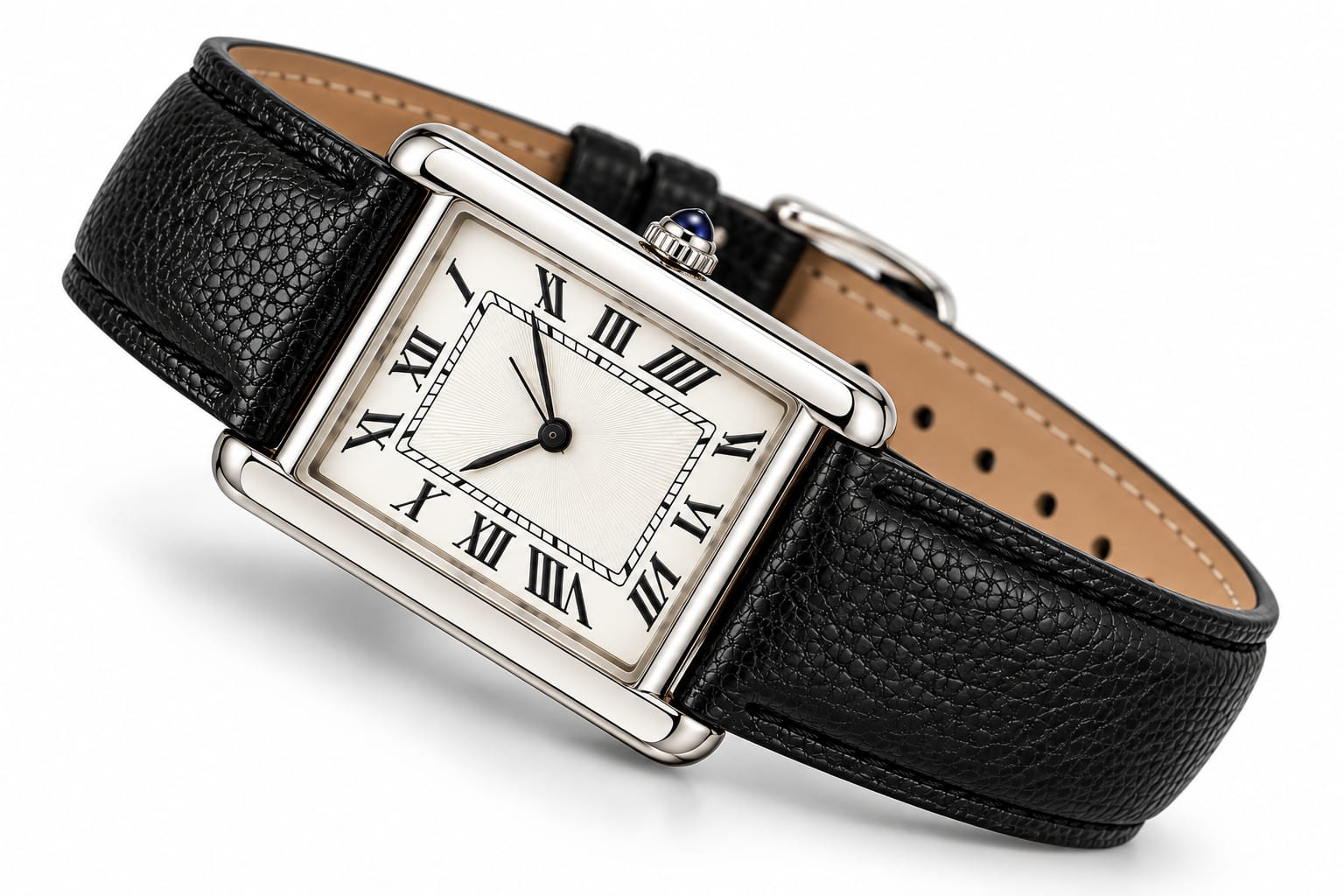 Men’s Classic Rectangular Roman Numeral Watch – Silver Case & Black Leather Strap