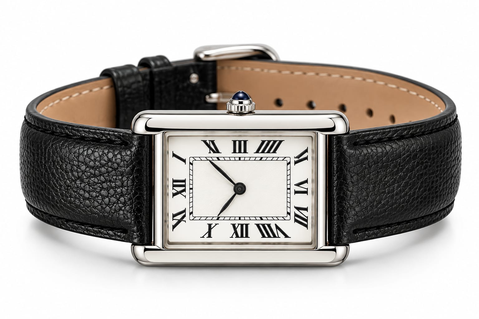 Men’s Classic Rectangular Roman Numeral Watch – Silver Case & Black Leather Strap