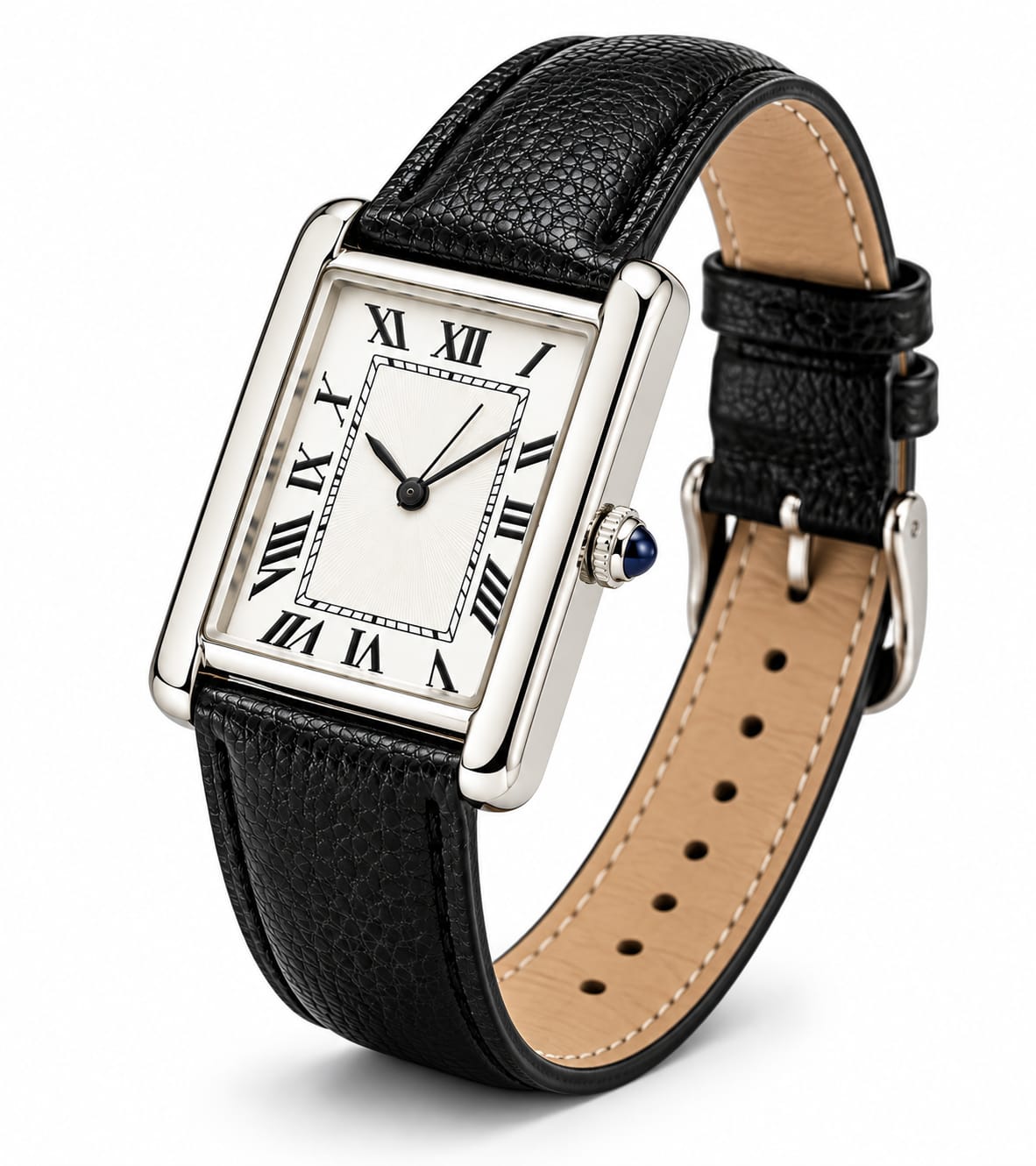 Men’s Classic Rectangular Roman Numeral Watch – Silver Case & Black Leather Strap