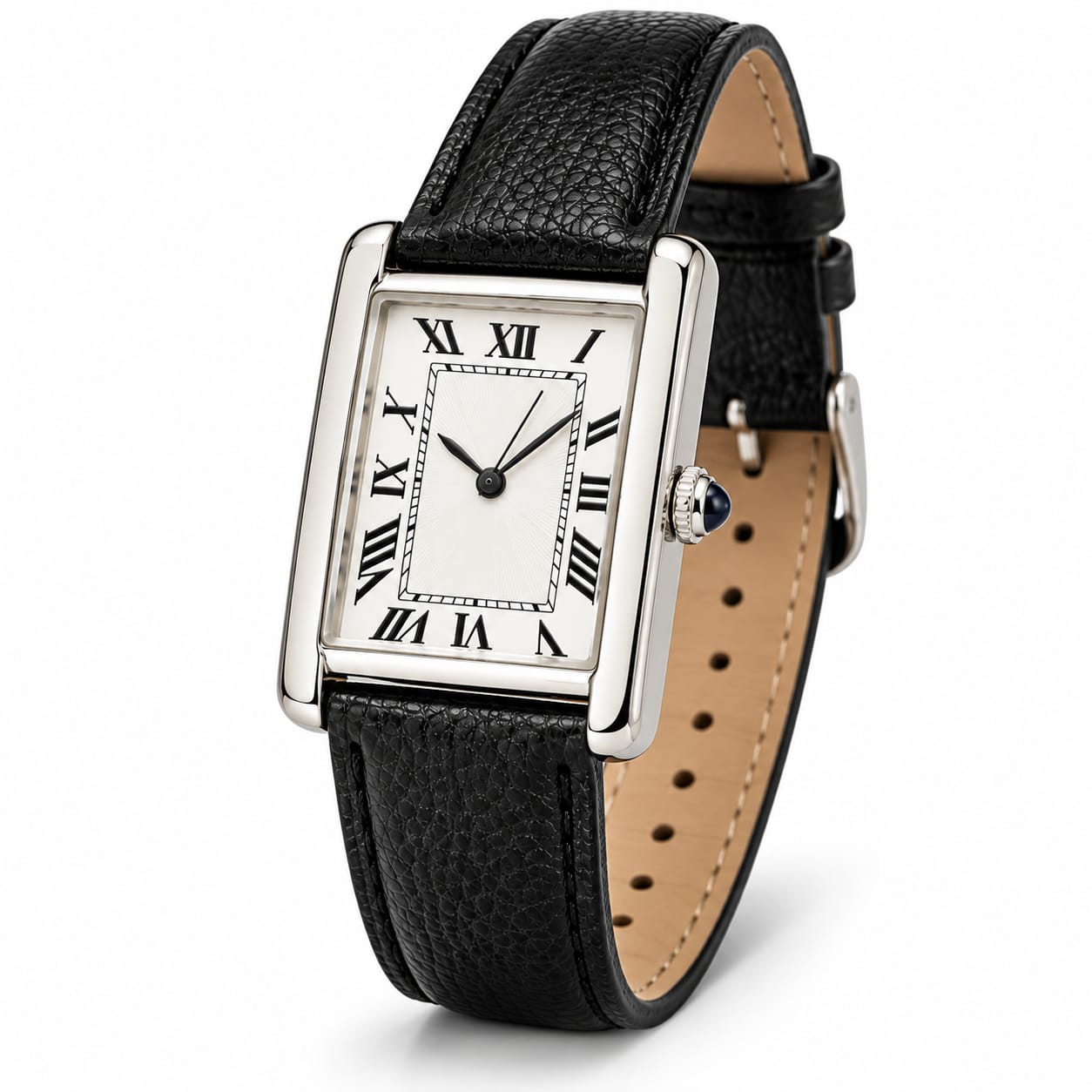 Men’s Classic Rectangular Roman Numeral Watch – Silver Case & Black Leather Strap