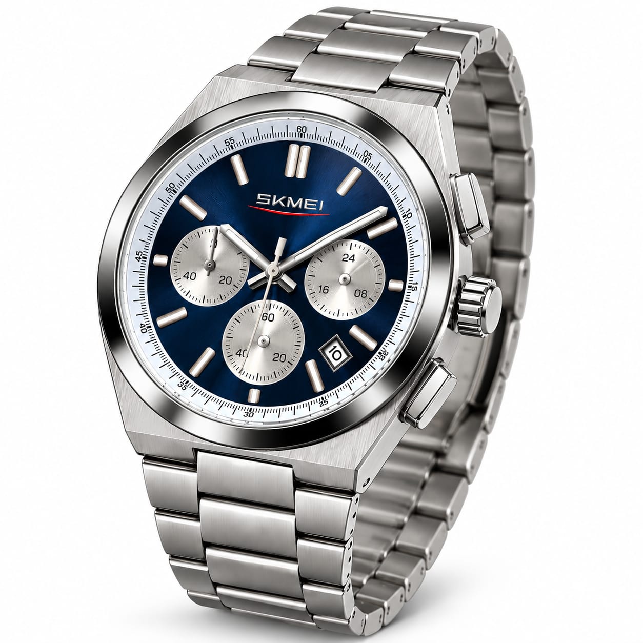 Men's Stainless Steel Chronograph Watch – Blue Dial & Silver Bracelet
