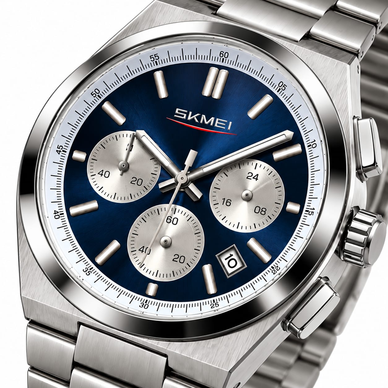Men's Stainless Steel Chronograph Watch – Blue Dial & Silver Bracelet