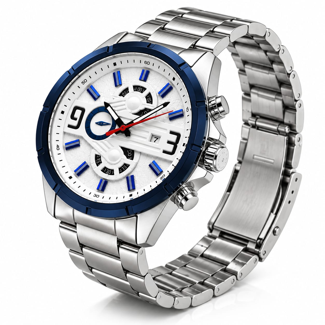 Men’s Luxury Stainless Steel Chronograph Watch – White Dial, Blue Bezel & Silver Bracelet