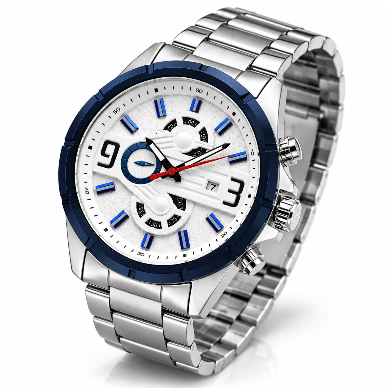 Men’s Luxury Stainless Steel Chronograph Watch – White Dial, Blue Bezel & Silver Bracelet