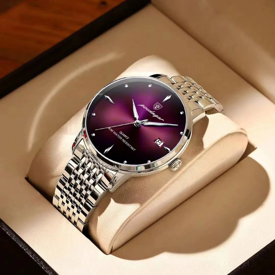 POEDAGAR Business quartz men's watch stainless steel waterproof night light date men's watch luxury casual simple men's watch