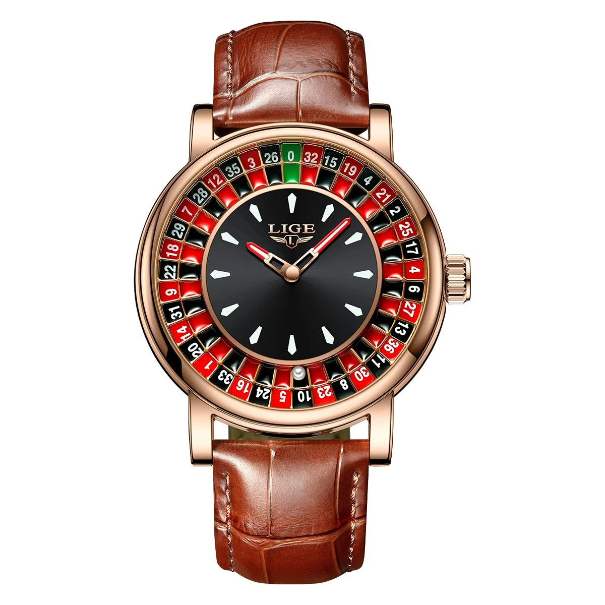 LIGE  Brown Leather Men Watch Rotating Dial Las Vegas Roulette  Watch Men Waterproof Luminous Clock Watches