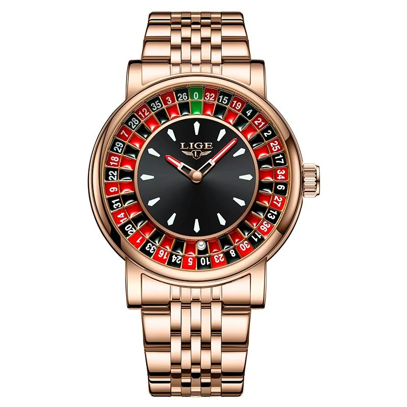 LIGE  Brown Leather Men Watch Rotating Dial Las Vegas Roulette  Watch Men Waterproof Luminous Clock Watches