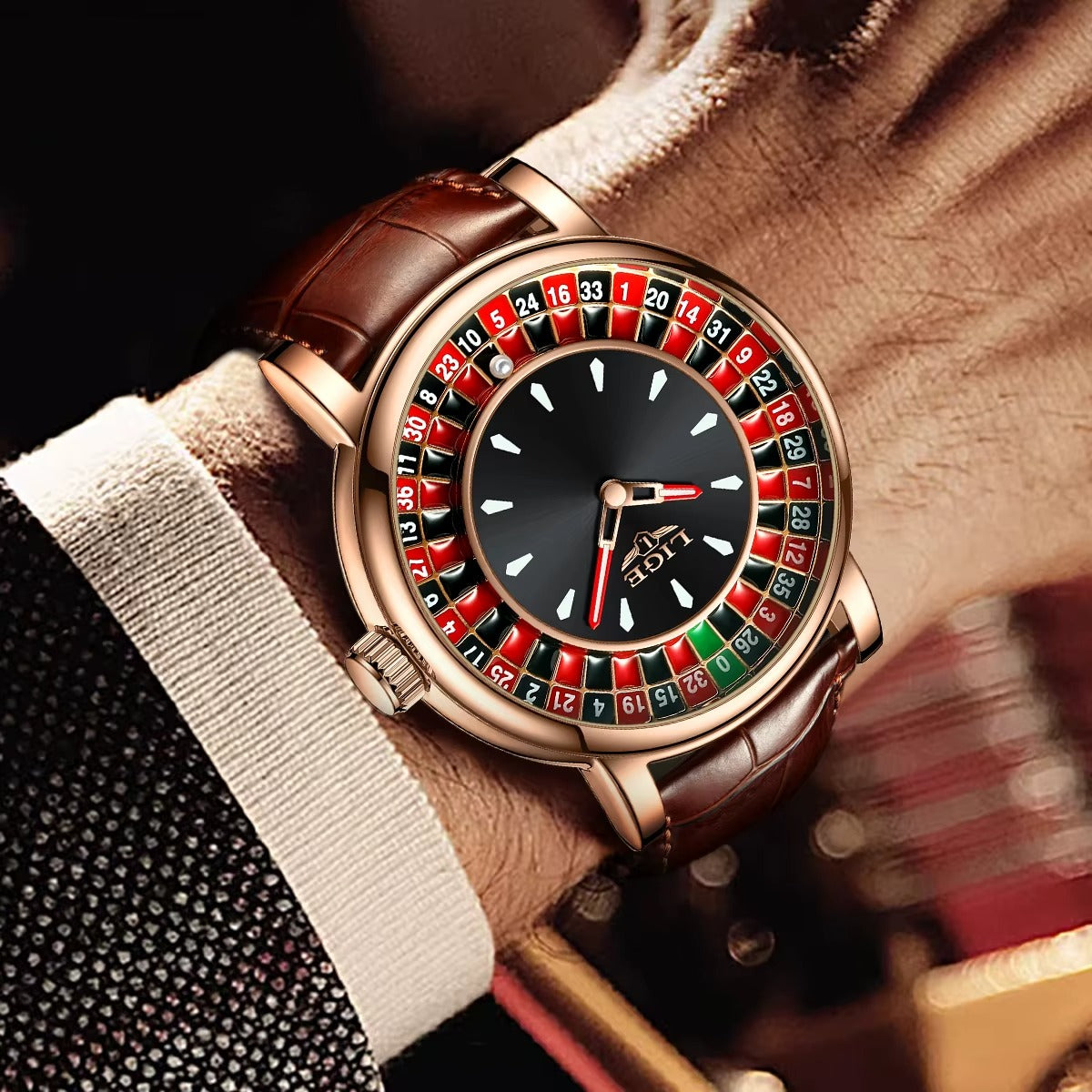 LIGE  Brown Leather Men Watch Rotating Dial Las Vegas Roulette  Watch Men Waterproof Luminous Clock Watches
