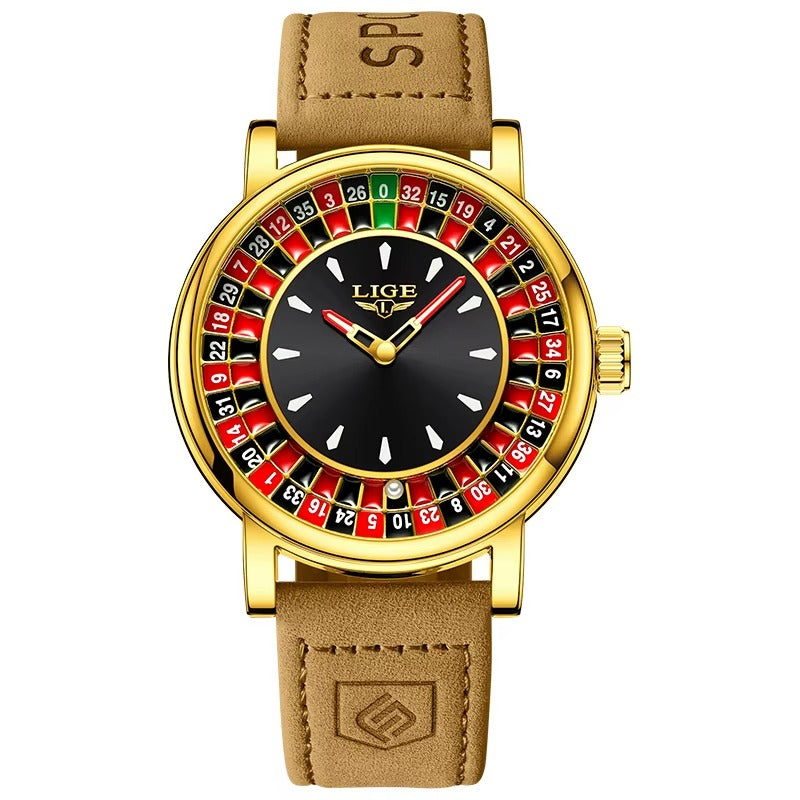 LIGE  Brown Leather Men Watch Rotating Dial Las Vegas Roulette  Watch Men Waterproof Luminous Clock Watches