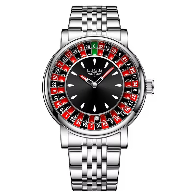 LIGE  Brown Leather Men Watch Rotating Dial Las Vegas Roulette  Watch Men Waterproof Luminous Clock Watches