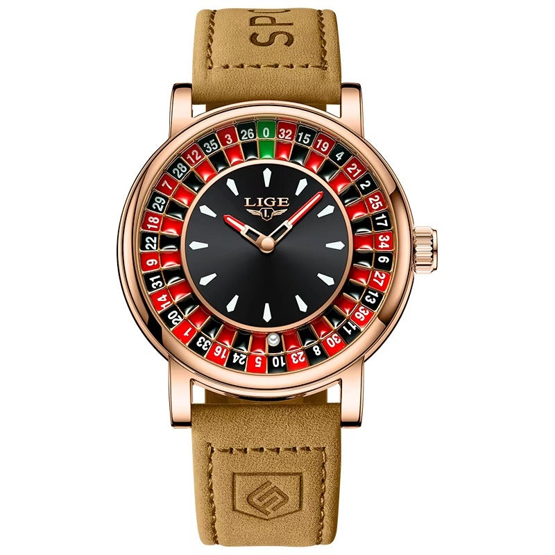 LIGE  Brown Leather Men Watch Rotating Dial Las Vegas Roulette  Watch Men Waterproof Luminous Clock Watches