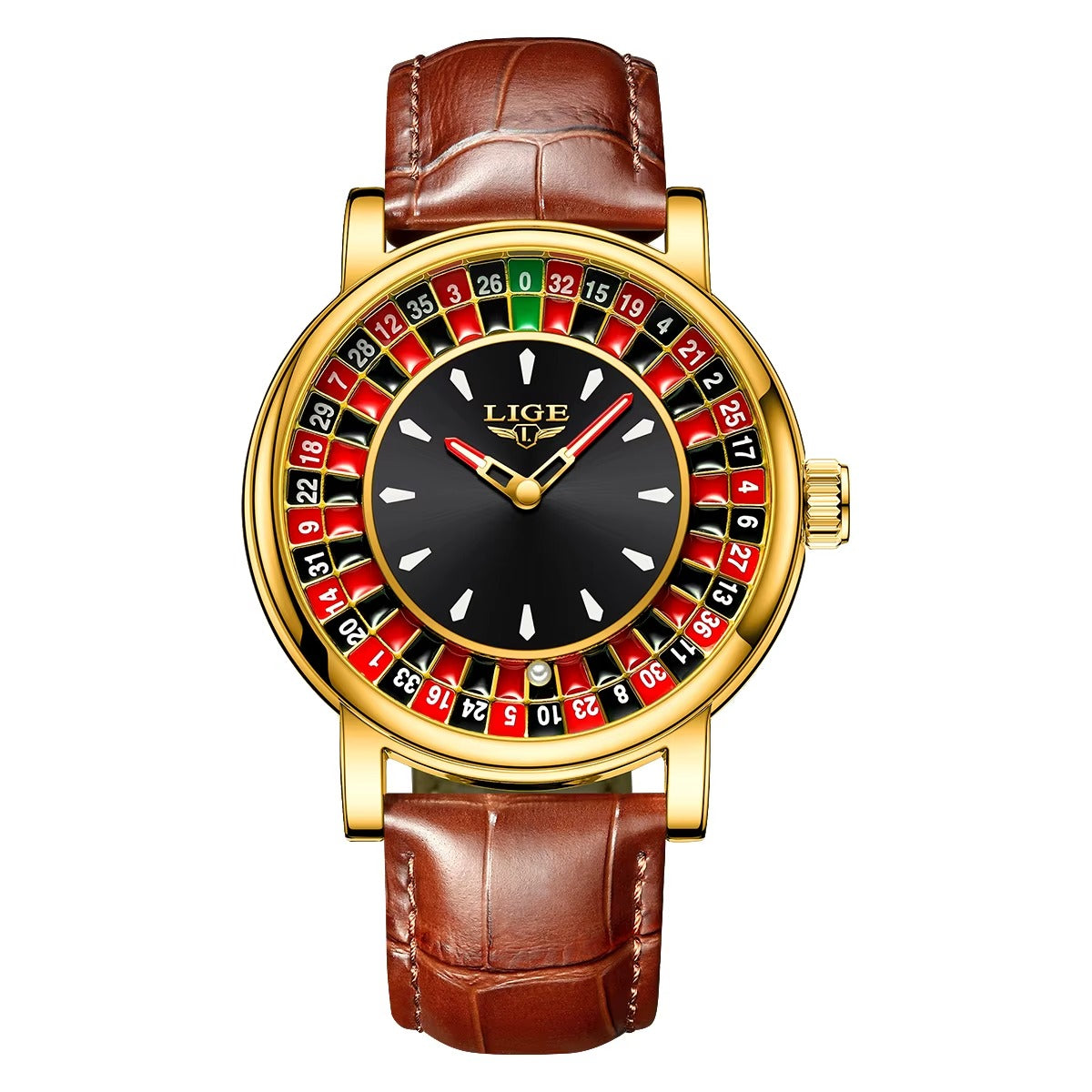 LIGE  Brown Leather Men Watch Rotating Dial Las Vegas Roulette  Watch Men Waterproof Luminous Clock Watches