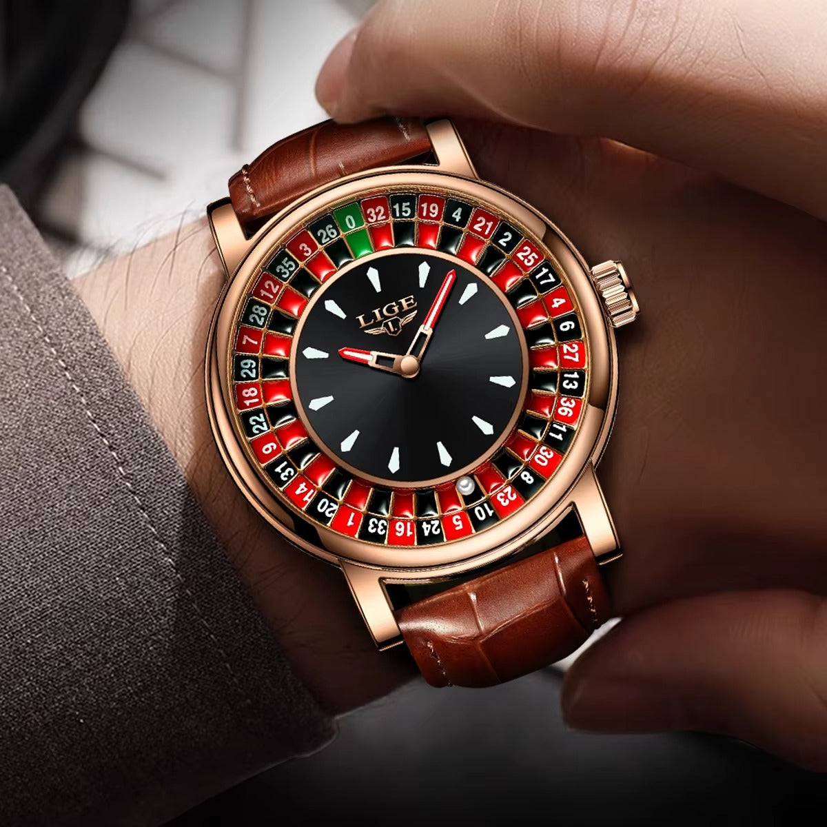 LIGE  Brown Leather Men Watch Rotating Dial Las Vegas Roulette  Watch Men Waterproof Luminous Clock Watches