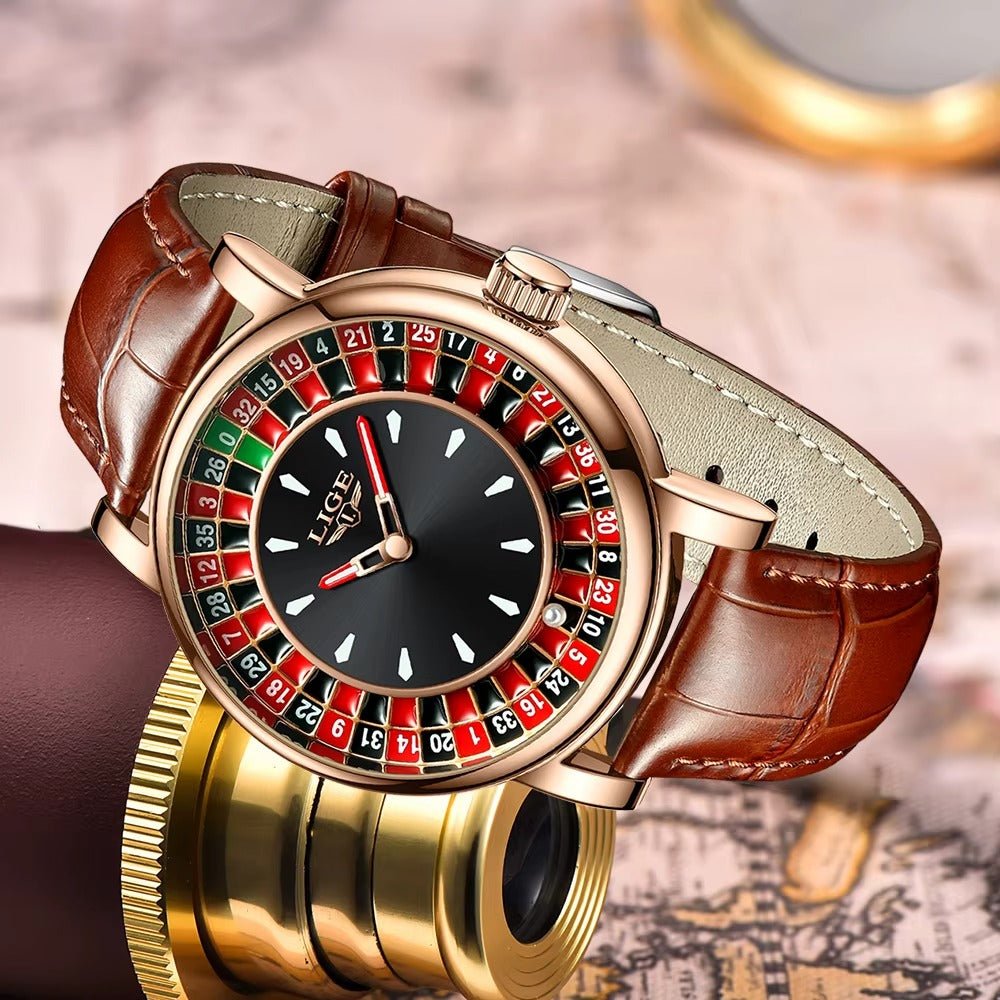 LIGE  Brown Leather Men Watch Rotating Dial Las Vegas Roulette  Watch Men Waterproof Luminous Clock Watches