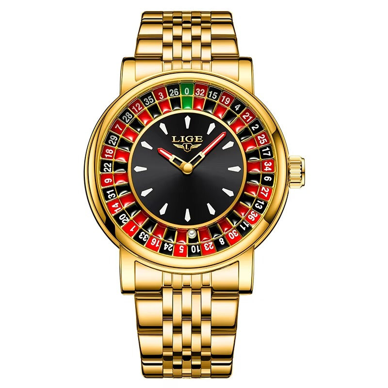 LIGE  Brown Leather Men Watch Rotating Dial Las Vegas Roulette  Watch Men Waterproof Luminous Clock Watches