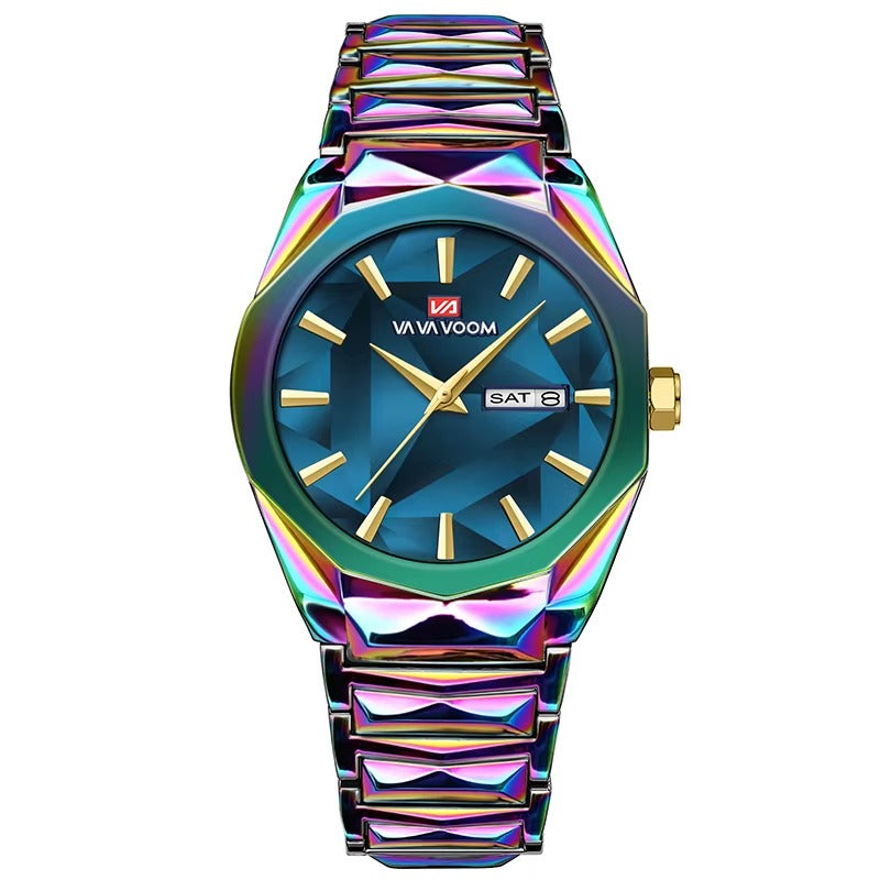 Men's Watch  Dual Calendar Waterproof Stainless Steel Strap Color Changing