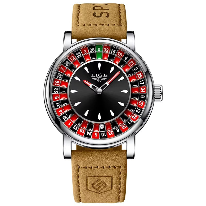 LIGE  Brown Leather Men Watch Rotating Dial Las Vegas Roulette  Watch Men Waterproof Luminous Clock Watches