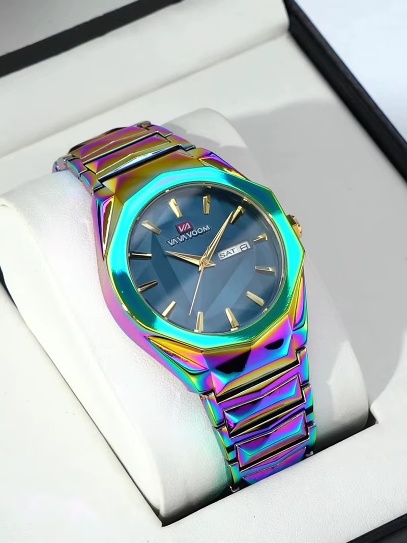 Men's Watch  Dual Calendar Waterproof Stainless Steel Strap Color Changing