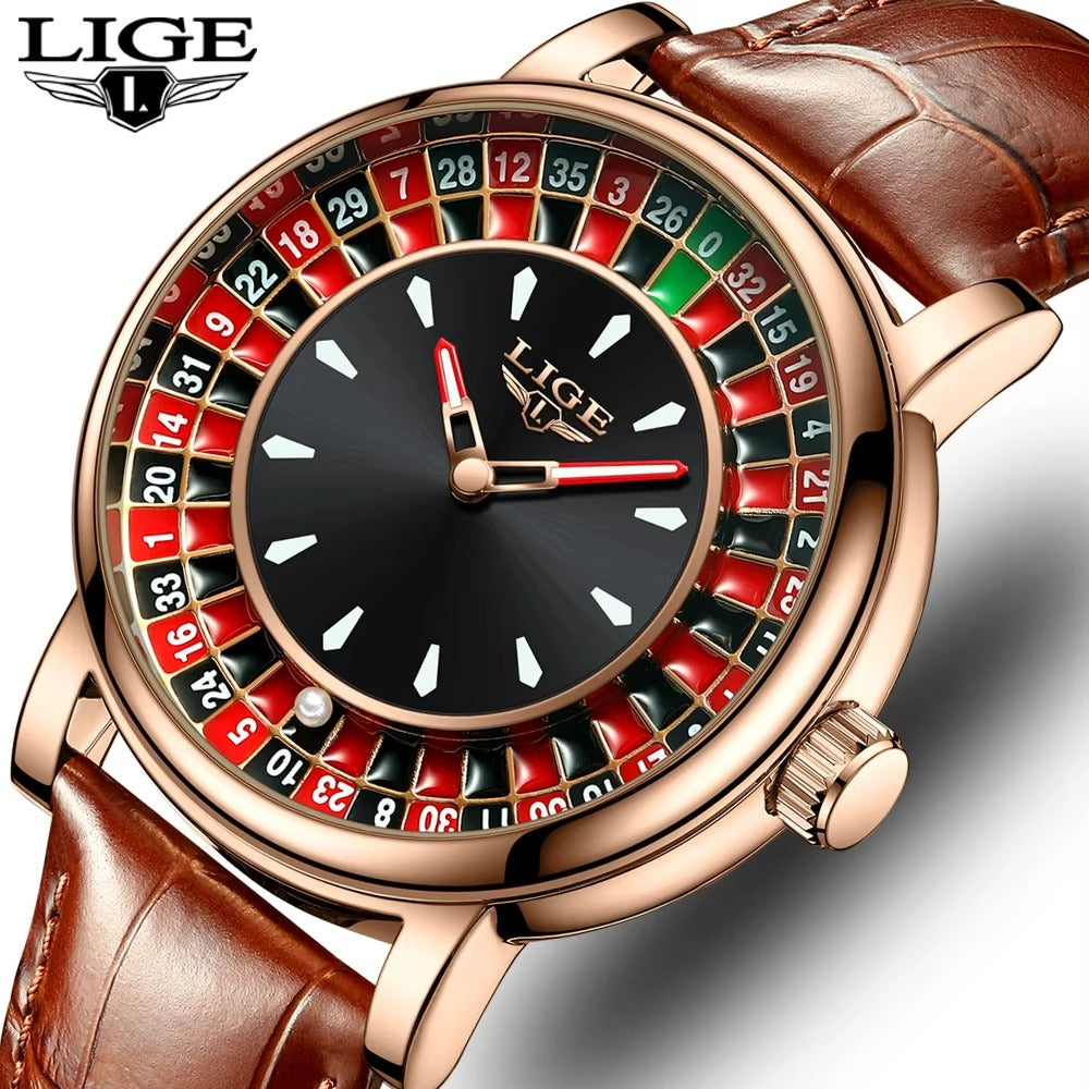 LIGE  Brown Leather Men Watch Rotating Dial Las Vegas Roulette  Watch Men Waterproof Luminous Clock Watches