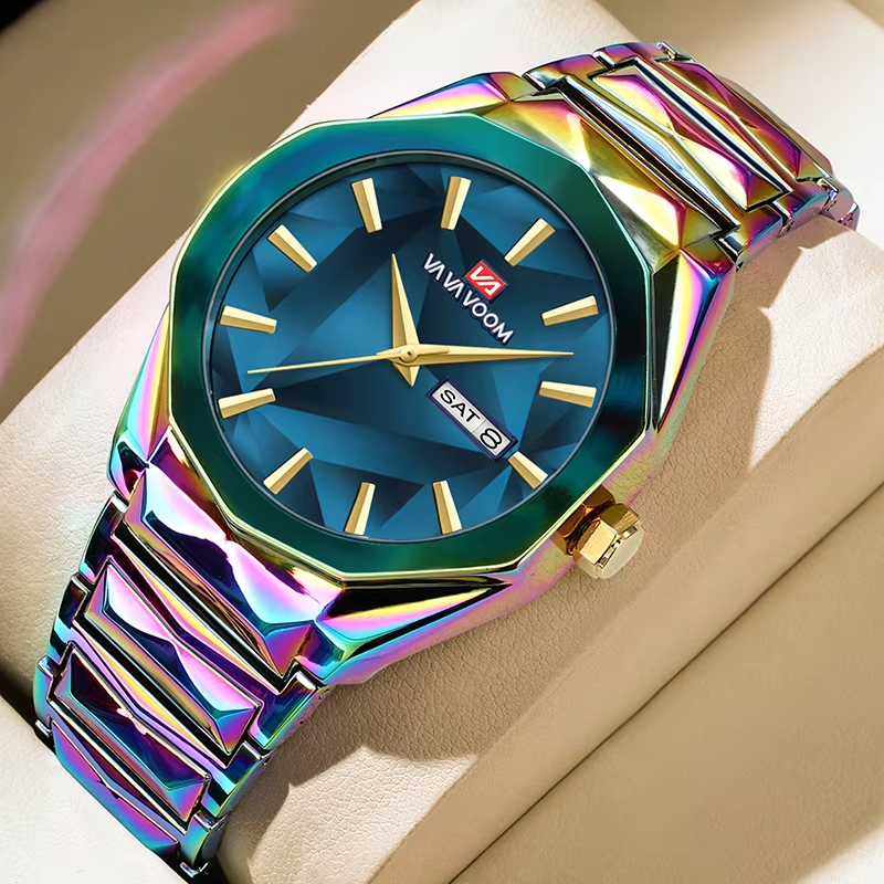 Men's Watch  Dual Calendar Waterproof Stainless Steel Strap Color Changing
