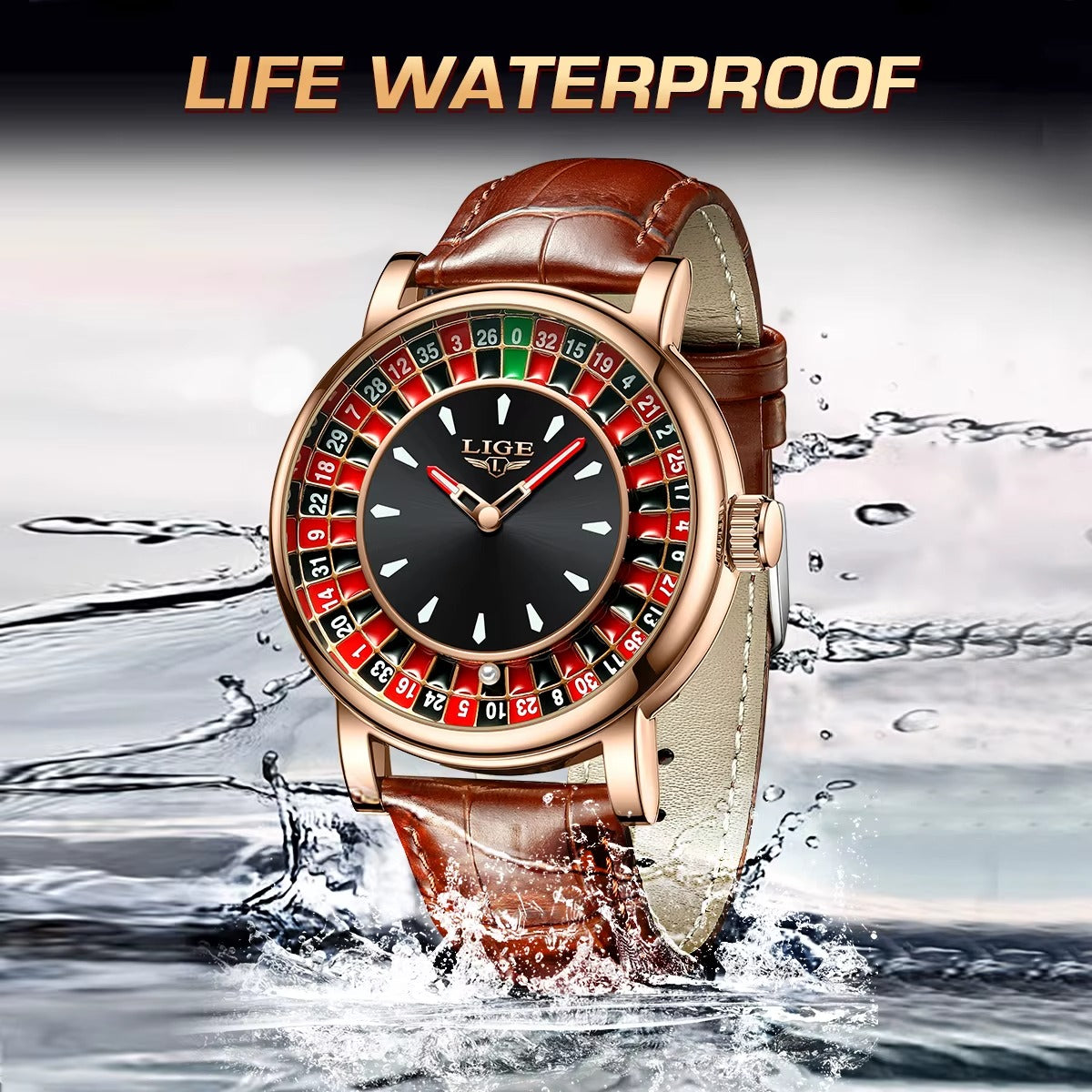 LIGE  Brown Leather Men Watch Rotating Dial Las Vegas Roulette  Watch Men Waterproof Luminous Clock Watches