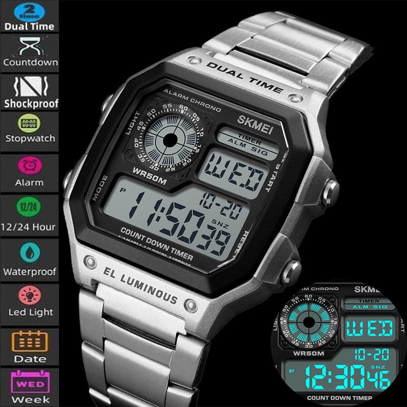 Luxury Stainless Steel Band 50M Waterproof Led Chronograph Stop Watch